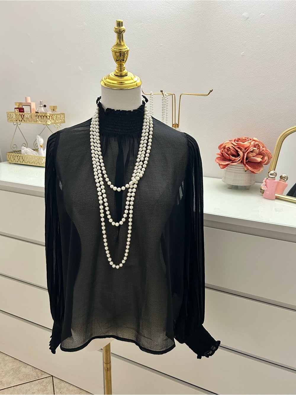 Forever 21 Black Sheer Smocked Mock-Neck Blouse